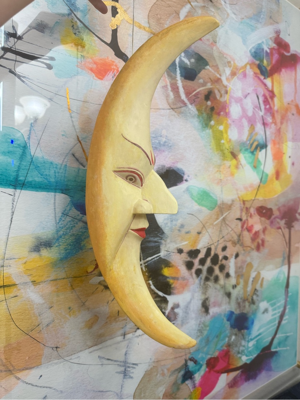 RARE Large 16" Vintage Whimsigoth Crescent Moon Face Carved Wood Celestial Decor